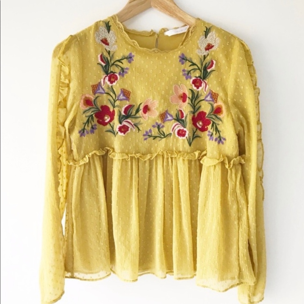 Zara Yellow Floral Embroidered Ruffle Blouse